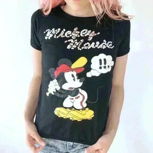 Disney Retro Baseball Sequin Mickey Mouse Black Short Sleeve Shirt Top